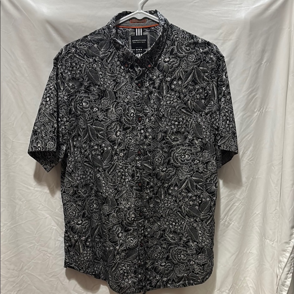 Denim & Flower Black Casual Button Down Shirt with Floral Design